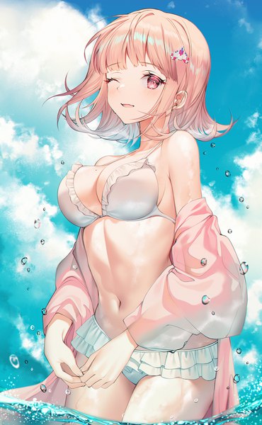 Anime picture 1000x1620 with dangan ronpa super dangan ronpa 2 nanami chiaki kinty single tall image looking at viewer blush fringe short hair breasts open mouth light erotic red eyes brown hair large breasts standing sky cleavage cloud (clouds)