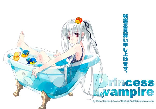 Anime picture 1076x756 with princess of vampire princess of vampire (character) kirino kasumu single long hair red eyes white background silver hair ponytail looking back inscription girl swimsuit toy bath