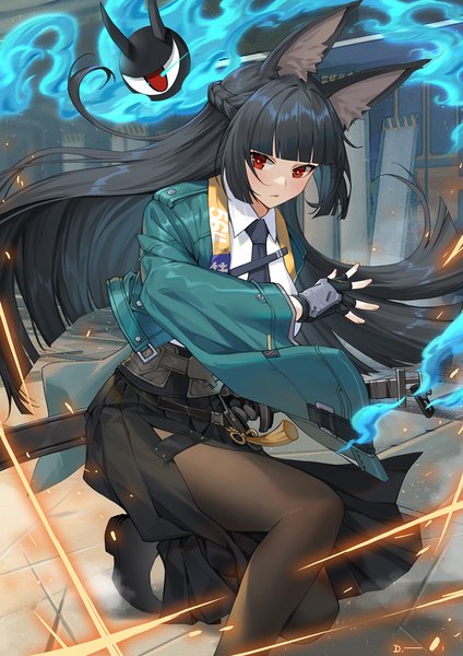 Anime picture 1500x2122 with zenless zone zero hoshimi miyabi linreplica single long hair tall image looking at viewer fringe black hair red eyes animal ears indoors blunt bangs braid (braids) pleated skirt wide sleeves kneeling side slit sheathed ready to draw