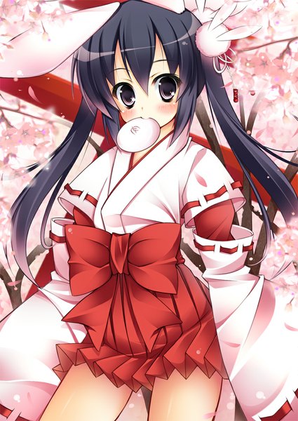 Anime picture 709x1000 with k-on! kyoto animation nakano azusa ojitcha single long hair tall image blush black hair twintails animal ears traditional clothes black eyes bunny ears cherry blossoms miko girl hair ornament plant (plants) petals