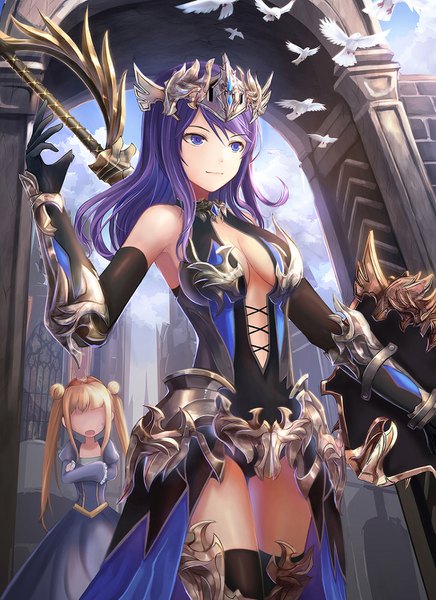 Anime picture 1090x1500 with original songh21 long hair tall image breasts open mouth light erotic blonde hair smile twintails purple eyes multiple girls looking away purple hair cloud (clouds) light smile solo focus warrior girl gloves