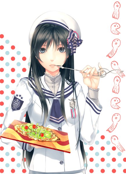 Anime picture 870x1200 with original porigon single long hair tall image looking at viewer blue eyes black hair girl food beret sailor suit