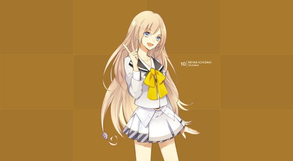 Anime picture 1282x706 with tsukiuta ichisaki reina tagme (artist) single long hair open mouth blue eyes simple background blonde hair wide image official art character names brown background girl uniform bow school uniform