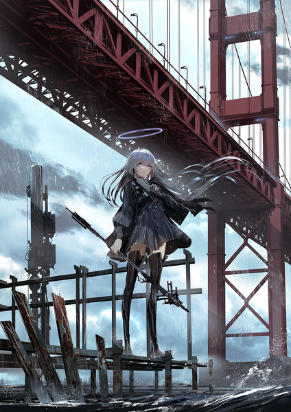 Anime picture 1414x2000 with original swav single tall image looking at viewer fringe hair between eyes standing purple eyes holding sky cloud (clouds) outdoors very long hair grey hair wet puffy sleeves floating hair rain scenic