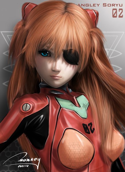 Anime picture 1552x2131 with neon genesis evangelion rebuild of evangelion evangelion: 2.0 you can (not) advance gainax soryu asuka langley monkey (weibo) single long hair tall image fringe blue eyes signed red hair orange hair realistic inscription girl bodysuit eyepatch pilot suit