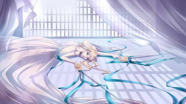 Anime picture 2000x1125 with kuroshitsuji a-1 pictures elizabeth middleford kristallin-f (artist) single long hair highres blue eyes blonde hair wide image twintails lying girl dress ribbon (ribbons) weapon sword