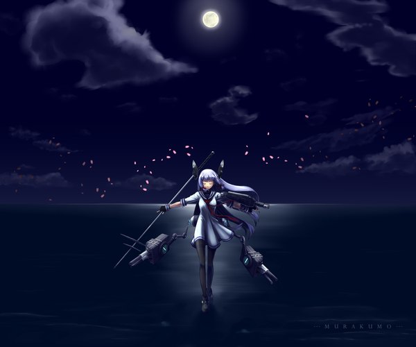 Anime picture 1920x1600 with kantai collection murakumo destroyer daoine single long hair fringe highres standing holding purple hair cloud (clouds) eyes closed night night sky spread arms horizon girl weapon petals pantyhose
