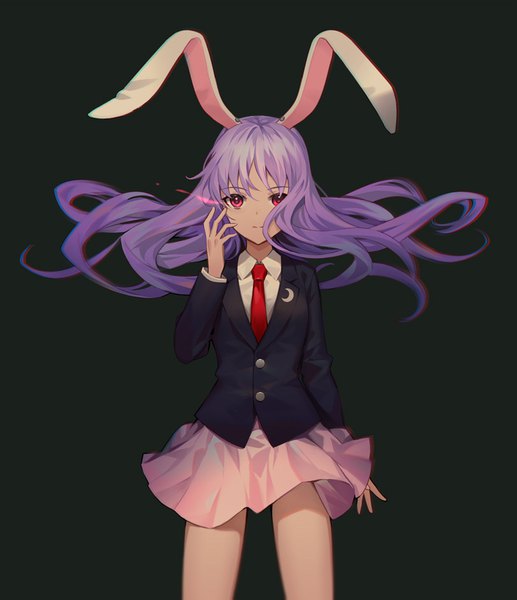 Anime picture 811x942 with touhou reisen udongein inaba mutugi single long hair tall image looking at viewer fringe simple background animal ears purple hair pink eyes bunny ears floating hair glowing black background glowing eye (eyes) expressionless girl skirt