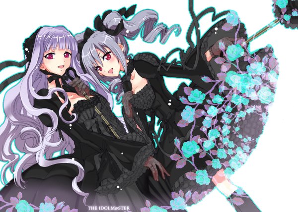 Anime picture 1200x857 with idolmaster idolmaster cinderella girls kanzaki ranko shijou takane kabkin long hair blush open mouth red eyes multiple girls silver hair drill hair girl dress gloves flower (flowers) bow 2 girls hair bow headdress