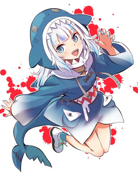 Anime picture 1280x1629 with virtual youtuber hololive hololive english gawr gura gawr gura (1st costume) iesupa single long hair tall image looking at viewer open mouth blue eyes simple background smile white background full body bent knee (knees) white hair tail nail polish