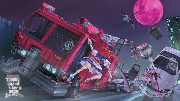 Anime picture 1920x1079 with touhou grand theft auto hakurei reimu remilia scarlet izayoi sakuya onozuka komachi shikieiki yamaxanadu g.haruka long hair highres short hair open mouth light erotic red eyes brown hair wide image multiple girls green eyes blue hair red hair