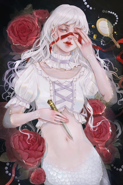 Anime picture 658x993 with original lin qi single long hair tall image looking at viewer blue eyes white hair lips lipstick red lipstick afloat girl navel flower (flowers) ribbon (ribbons) rose (roses) beads red rose knife