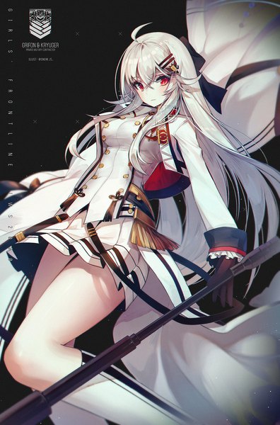 Anime picture 1320x2000 with girls frontline iws-2000 (girls frontline) snow is single long hair tall image looking at viewer blush fringe simple background hair between eyes red eyes payot silver hair ahoge long sleeves pleated skirt open clothes character names black background
