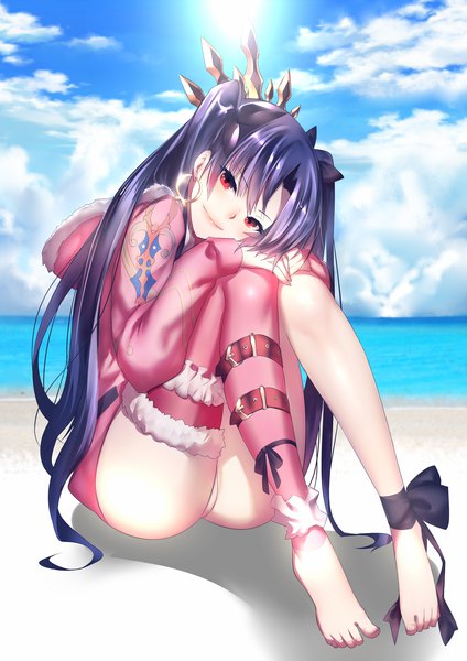 Anime picture 1413x2000 with fate (series) fate/grand order ishtar (fate) ishtar (swimsuit rider) (fate) rahato single long hair tall image looking at viewer blush fringe light erotic black hair hair between eyes red eyes sitting sky cloud (clouds) full body outdoors