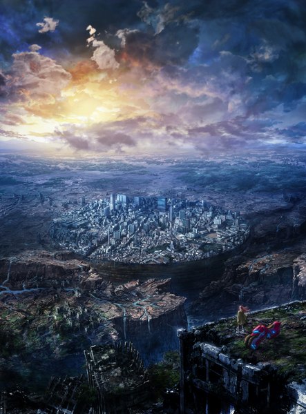 Anime picture 2500x3386 with revisions milo (revisions) single long hair tall image highres standing pink hair sky cloud (clouds) full body wind from behind official art city cityscape rock destruction panorama girl