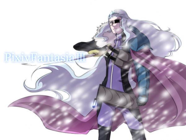 Anime picture 1600x1200 with original pixiv fantasia pixiv fantasia iii suwe (artist) single long hair simple background white background white hair very long hair boy gloves weapon sword armor katana cloak eyepatch