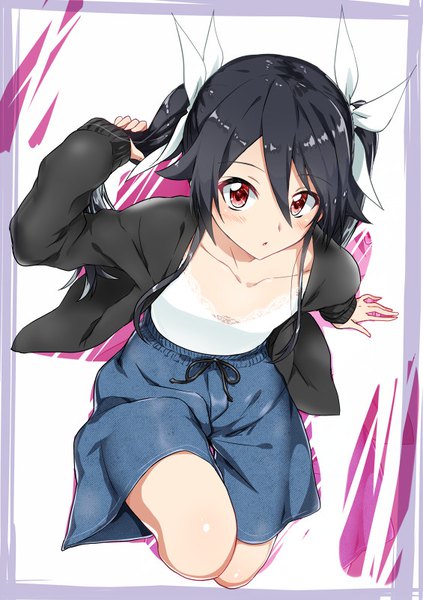 Anime picture 565x800 with ore twintail ni narimasu production ims tsube aika yuto (dialique) single long hair tall image looking at viewer blush fringe black hair hair between eyes red eyes twintails from above arm support open jacket :o adjusting hair girl