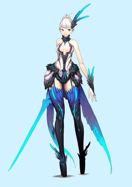 Anime picture 1061x1500 with blade & soul kim hyung tae single tall image short hair simple background smile purple eyes bare shoulders white hair girl weapon sword armor