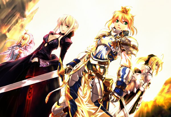 Anime picture 1890x1296 with fate (series) fate/stay night fate/extra fate/unlimited codes studio deen type-moon artoria pendragon (all) saber nero claudius (fate) (all) nero claudius (fate) saber lily nero claudius (bride) (fate) jian huang fringe highres breasts blonde hair smile green eyes yellow eyes