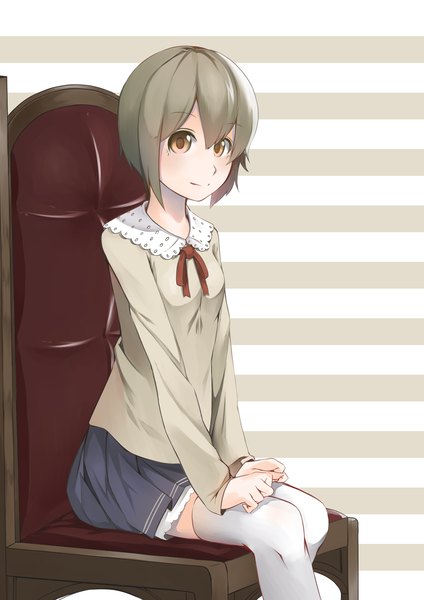 Anime picture 2480x3508 with original hitotose hirune single tall image looking at viewer highres short hair brown hair sitting brown eyes girl thighhighs dress white thighhighs armchair