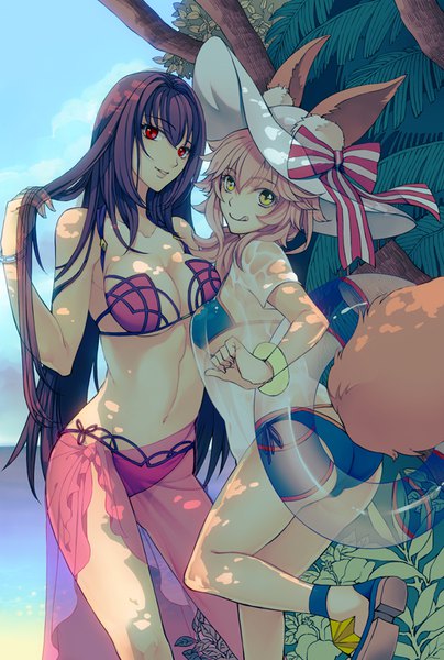 Anime picture 539x800 with fate (series) fate/grand order scathach (fate) (all) tamamo (fate) (all) tamamo no mae (swimsuit lancer) (fate) scathach (swimsuit assassin) (fate) nishi juuji (artist) long hair tall image looking at viewer fringe breasts light erotic smile hair between eyes red eyes brown hair standing multiple girls animal ears