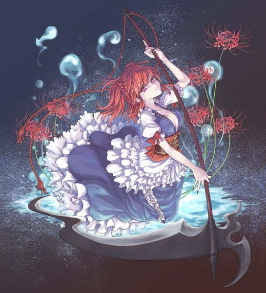 Anime picture 1180x1299 with touhou onozuka komachi mumulatte single long hair tall image looking at viewer breasts large breasts cleavage red hair fingernails two side up long fingernails girl dress hair ornament flower (flowers) bow weapon