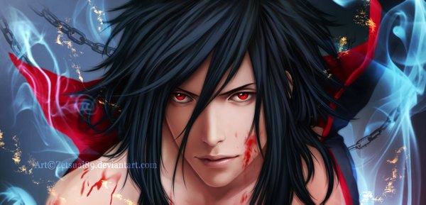 Anime picture 2586x1246 with naruto studio pierrot naruto (series) uchiha madara zetsuai89 single long hair highres black hair red eyes wide image lips realistic magic portrait close-up face sharingan boy blood