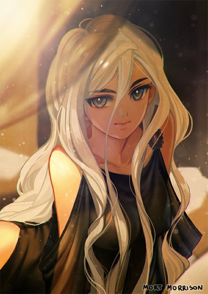 Anime picture 600x849 with tristoy ink (tristoy) mort morrison single long hair tall image blonde hair signed looking away indoors light smile from above lips grey eyes eyebrows girl