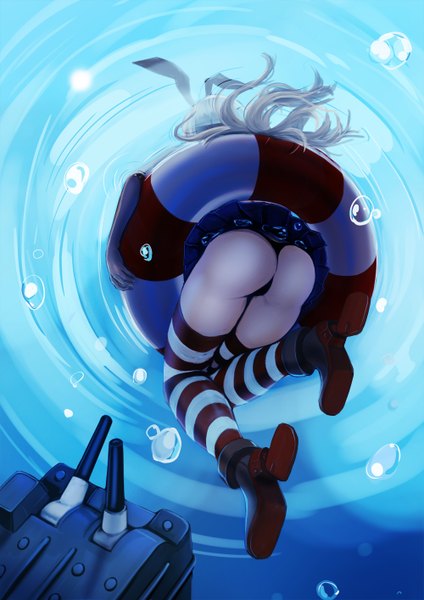 Anime picture 1000x1414 with kantai collection shimakaze destroyer rensouhou-chan infinote single long hair tall image light erotic blonde hair ass from below striped underwater girl thighhighs skirt underwear panties boots hairband