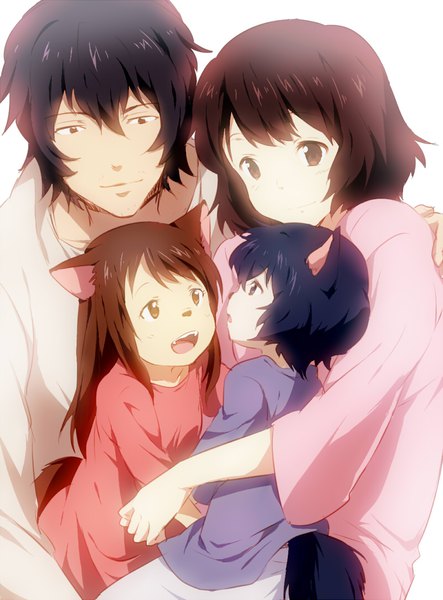 Anime picture 800x1082 with ookami kodomo no ame to yuki hana (ookami kodomo) yuki (ookami kodomo) ame (ookami kodomo) ookami otoko (ookami kodomo) maruki (punchiki) long hair tall image fringe open mouth black hair simple background smile hair between eyes brown hair white background multiple girls animal ears purple hair tail