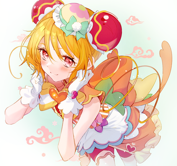 Anime picture 1455x1368 with precure delicious party precure toei animation hanamichi ran cure yum-yum akaike single blush short hair smile red eyes from above orange hair sleeveless magical girl girl gloves white gloves