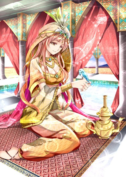 Anime picture 740x1035 with original takeda hotaru single long hair tall image fringe breasts smile looking away pink hair cleavage indoors pink eyes barefoot bare belly glow bird on hand girl animal bracelet