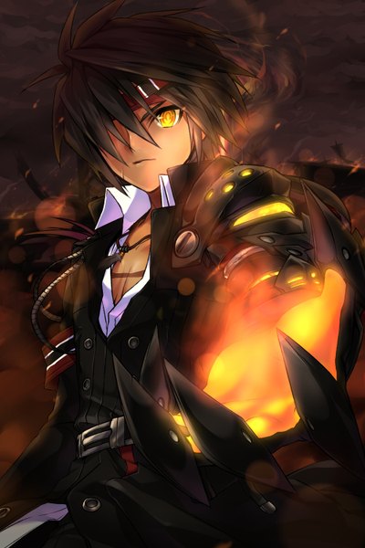 Anime picture 1000x1500 with elsword raven (elsword) meimone single tall image fringe short hair black hair yellow eyes hair over one eye scar mechanical parts boy necklace fire bandana