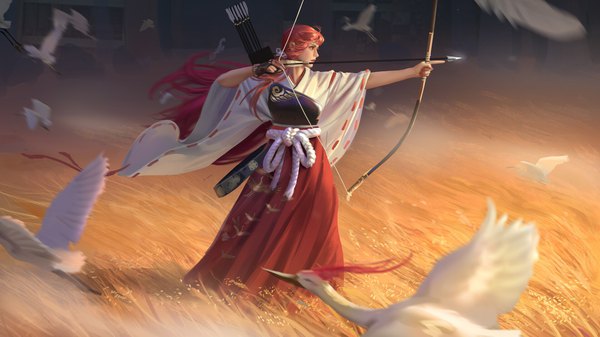 Anime picture 1920x1080 with original hou china single fringe highres red eyes wide image standing holding looking away full body outdoors red hair very long hair nail polish traditional clothes japanese clothes profile wind realistic