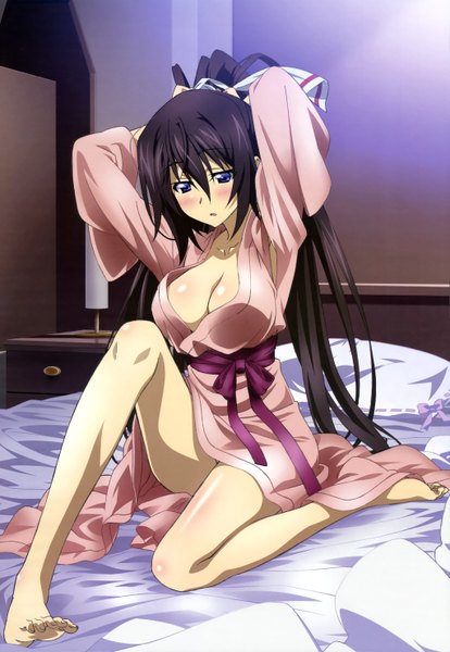 Anime picture 4085x5919 with infinite stratos 8bit nyantype shinonono houki single long hair tall image blush highres breasts blue eyes light erotic black hair absurdres ponytail traditional clothes japanese clothes barefoot official art bare legs