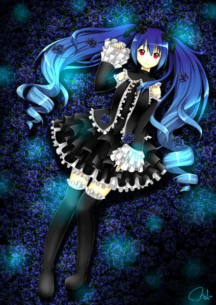 Anime picture 1000x1414 with original hikariin25 single long hair tall image looking at viewer red eyes bare shoulders blue hair lying drill hair girl flower (flowers) detached sleeves rose (roses)