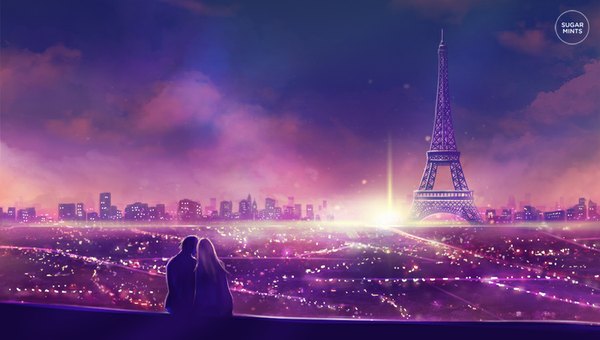 Anime picture 900x510 with original sugarmints long hair short hair black hair brown hair wide image sitting from behind sunlight night night sky city cityscape sunbeam valentine city lights girl boy building (buildings)
