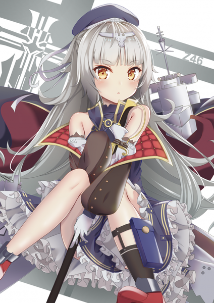 Anime picture 905x1280 with azur lane z46 (azur lane) loli ta1582 single long hair tall image looking at viewer blush fringe open mouth sitting bare shoulders holding yellow eyes payot silver hair bent knee (knees) blunt bangs mole :o