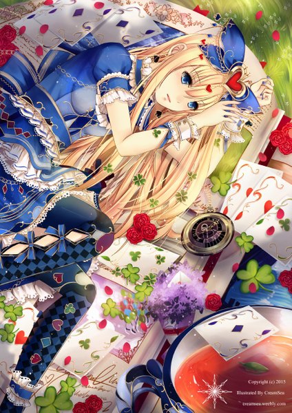 Anime picture 905x1280 with alice in wonderland alice (wonderland) creamsea single long hair tall image blue eyes blonde hair lying girl thighhighs dress flower (flowers) bow hair bow petals rose (roses) card (cards)