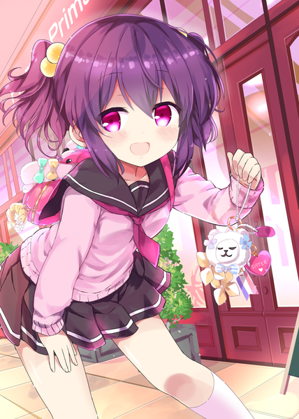 Anime picture 857x1200 with original himarisu (hida mari) single tall image looking at viewer blush fringe short hair open mouth smile hair between eyes standing twintails holding payot purple hair outdoors long sleeves :d pleated skirt