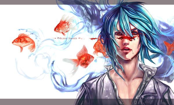 Anime picture 6171x3750 with original kirin-no-hinote single long hair highres red eyes wide image blue hair absurdres lips realistic wet clothes boy shirt blood water drop fish (fishes) splashes