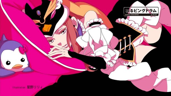 Anime picture 1280x720 with mawaru penguindrum takakura himari tagme (artist) single long hair brown hair wide image lying pink eyes pink background girl thighhighs bow black thighhighs hat animal pillow penguin