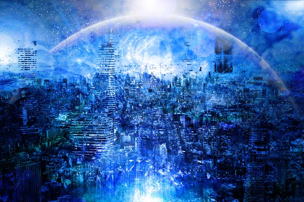 Anime picture 1380x920 with original zonomaru night night sky city cityscape no people space star (stars) planet