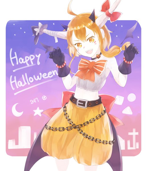 Anime picture 1085x1257 with touhou ibuki suika crazyoton46 single long hair tall image looking at viewer open mouth smile ahoge horn (horns) orange hair orange eyes sleeveless halloween pale skin claw pose happy halloween girl gloves