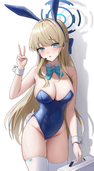 Anime picture 2000x3635 with blue archive toki (blue archive) toki (bunny) (blue archive) hini ni single long hair tall image looking at viewer blush fringe highres breasts blue eyes light erotic simple background blonde hair large breasts white background bare shoulders animal ears