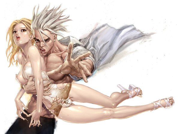 Anime picture 1024x764 with sun-ken rock kitano ken long hair looking at viewer short hair breasts open mouth light erotic blonde hair simple background red eyes white background brown eyes cleavage white hair realistic open clothes open shirt legs muscle