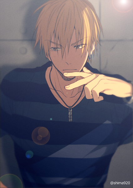 Anime picture 600x847 with kuroko no basket production i.g kise ryouta mashima shima single tall image fringe short hair hair between eyes yellow eyes indoors fingernails lips alternate costume eyebrows serious boy earrings pendant