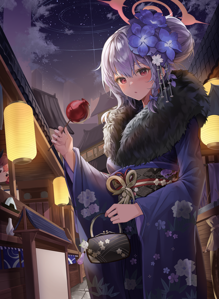 Anime picture 2774x3786 with blue archive haruna (blue archive) junko (blue archive) haruna (new year) (blue archive) pengrani tall image looking at viewer fringe highres hair between eyes red eyes multiple girls silver hair outdoors traditional clothes japanese clothes night hair bun (hair buns) night sky official alternate costume