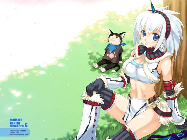 Anime picture 1024x768 with monster hunter kirin (armor) monster hunter (character) melynx yano takumi single long hair looking at viewer blush breasts blue eyes light erotic smile sitting bare shoulders holding silver hair horn (horns) from above bare belly