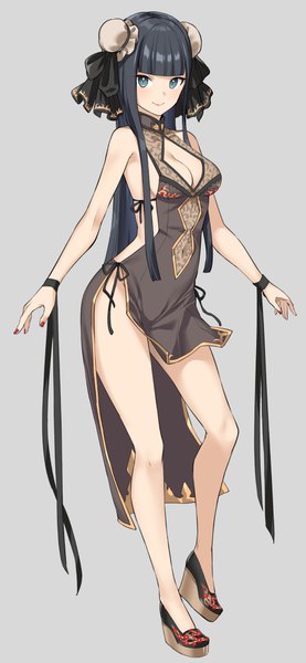 Anime picture 518x1120 with original tyone single long hair tall image looking at viewer fringe breasts blue eyes light erotic black hair simple background smile standing white background bare shoulders cleavage full body blunt bangs nail polish